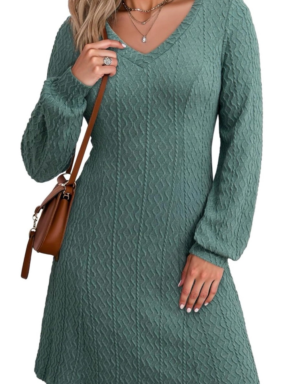 Textured V-Neck Long Sleeve sweater Dress in Sage Green